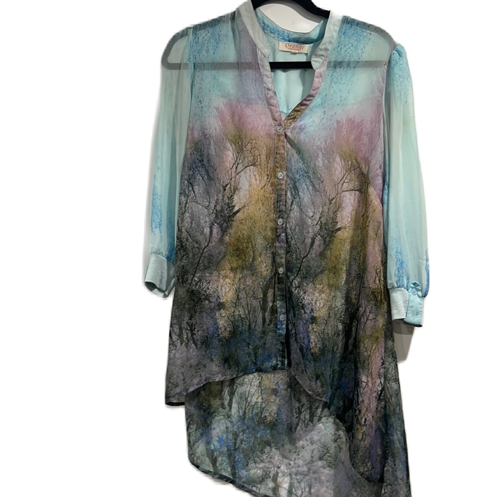Orange Fashion Village Asymmetrical Knee Length Sheer Blouse